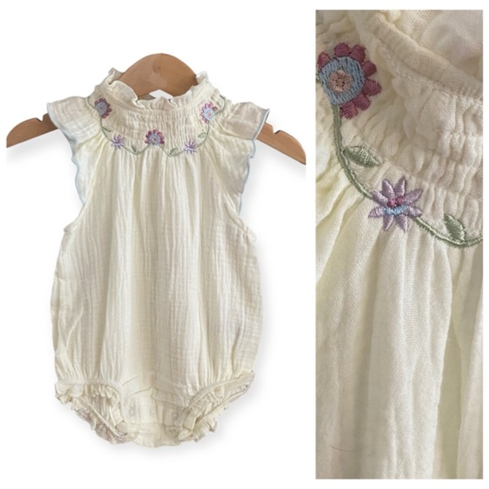Snug Baby Floral Embroidered Smocked Romper Cream Purple 3-6 months